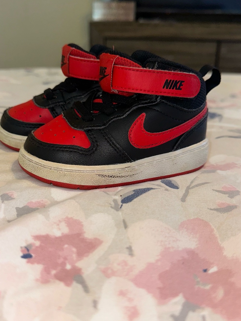 Nike Kids High-Top Sneakers in Black and Red with Hook-and-Loop Strap